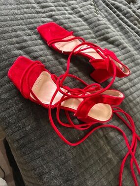 Red Lace-Up Block Heel Sandals